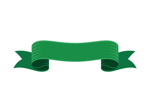 A green ribbon banner on a white background for decoration or announcement purposes