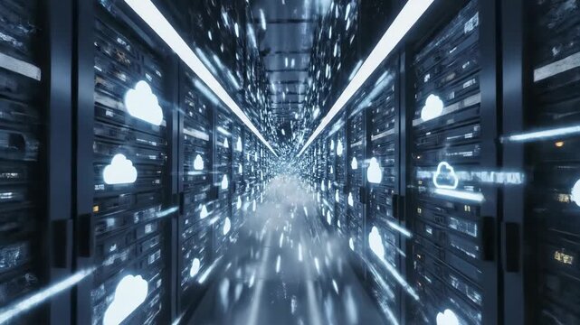 Futuristic data center corridor with illuminated cloud icons and high-tech servers, showcasing dynamic light trails and a sense of rapid data flow through the space