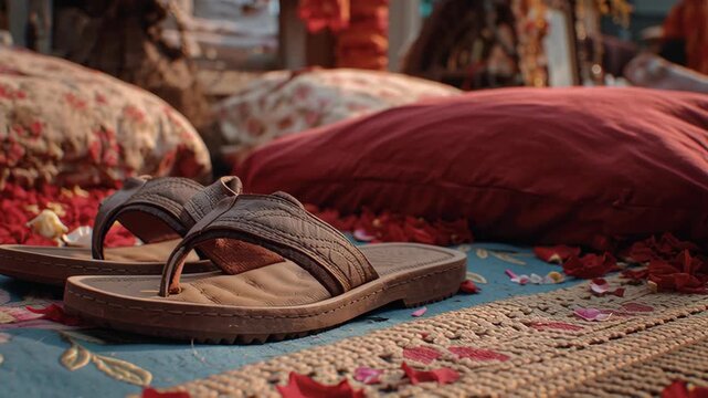 Leather sandals resting on floral petals during a traditional pilgrimage