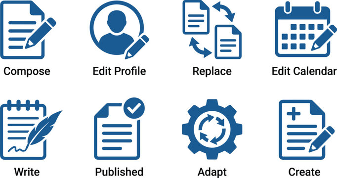 Collection of blue icons for document management and creative tasks including compose edit profile replace and write.