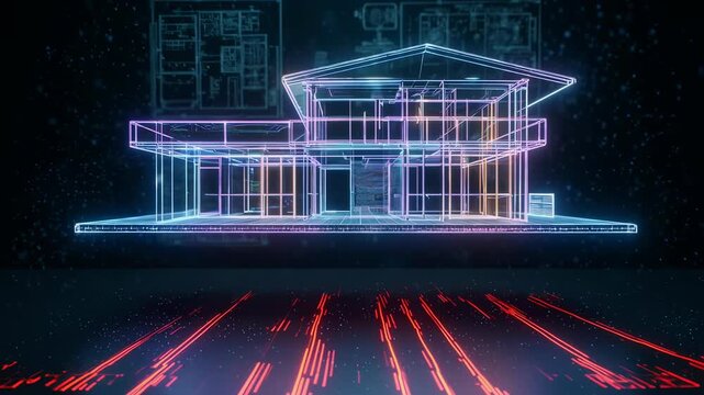 Futuristic 3D Wireframe Blueprint of Modern House Architecture with Digital Floor Plan Background