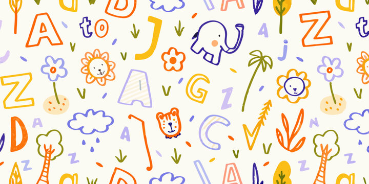 colorful alphabet pattern with illustrations and letters