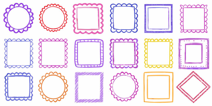 collection of hand drawn colorful frames and borders on white background