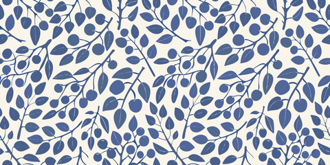 Blue floral pattern with leaves and berries seamless repeat © Suvro