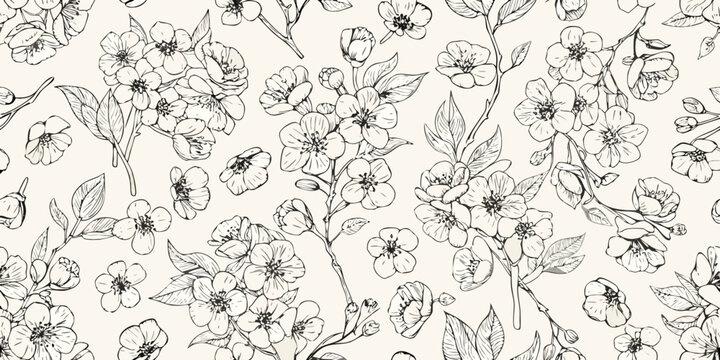 Cherry blossom floral pattern seamless black and white sketch