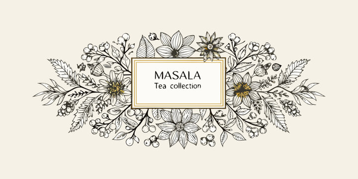 Floral frame with masala tea label botanical line art illustration