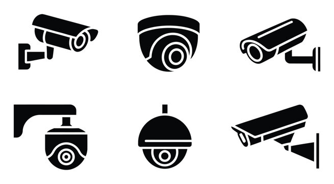 Security camera icon set, black CCTV surveillance vector symbols, 6 professional monitoring equipment icons, modern flat and silhouette style