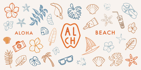 Hand Drawn Tropical Beach Doodles With Text On Beige Background © Suvro