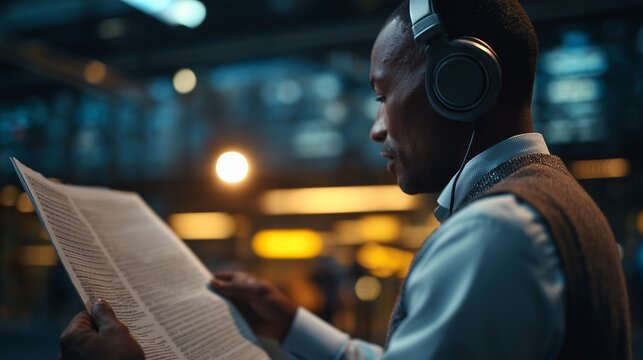 Radio journalist reading a breaking news script, dynamic composition