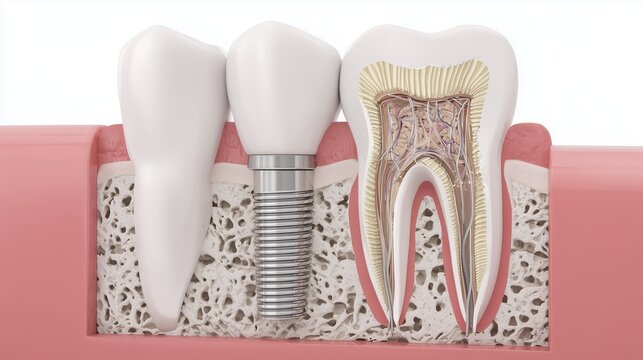 3D render of a dental implant in jaw bone, cross-section view