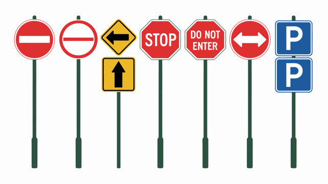 Collection of traffic signs on metal poles including stop yield and parking signs high quality professional
