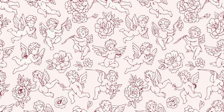 Seamless vector pattern with cherubs roses and floral ornaments