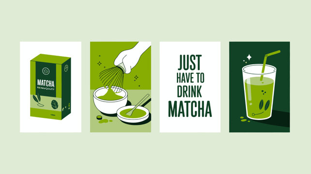 Matcha tea set illustrations with packaging powder text and drink in a modern flat vector style