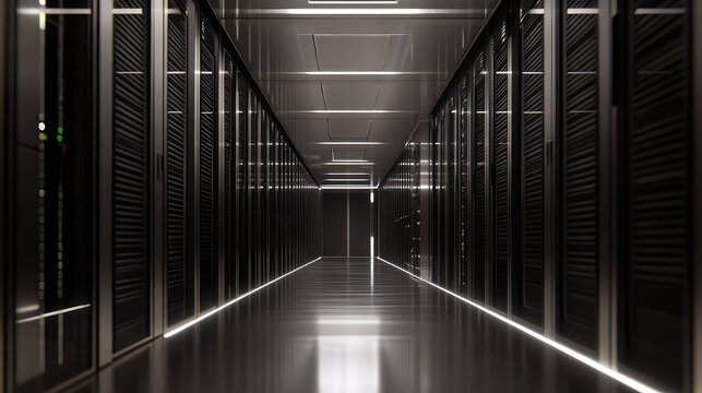 Server racks standing along a dark modern data center hallway, illustrating the core infrastructure of cloud computing, internet, and global network technology