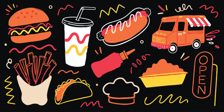 Hand drawn fast food vector icons set with burger and truck