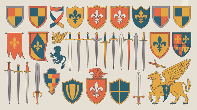 Heraldic elements collection including shields swords and griffins vector illustration high quality professional detailed modern elegant