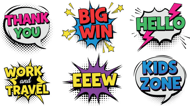 Set of Colorful Pop Art Comic Speech Bubbles with Text Phrases Like Big Win and Thank You for Fun Digital Designs