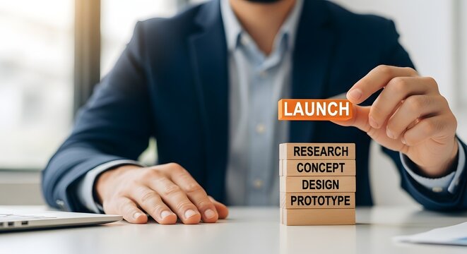 Entrepreneur finalizes a product lifecycle phase by placing an orange launch block, symbolizing successful research, concept design, and prototype execution.