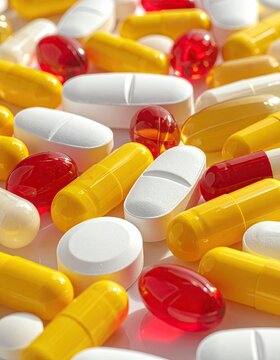 Macro shot of assorted vitamin capsules and caplets scattered