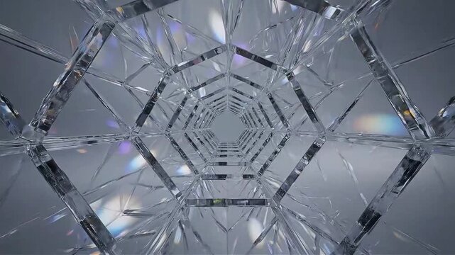 Abstract crystal glass tunnel background with hexagonal geometry light reflections and rainbow prism refraction effects for premium 3D motion graphics
