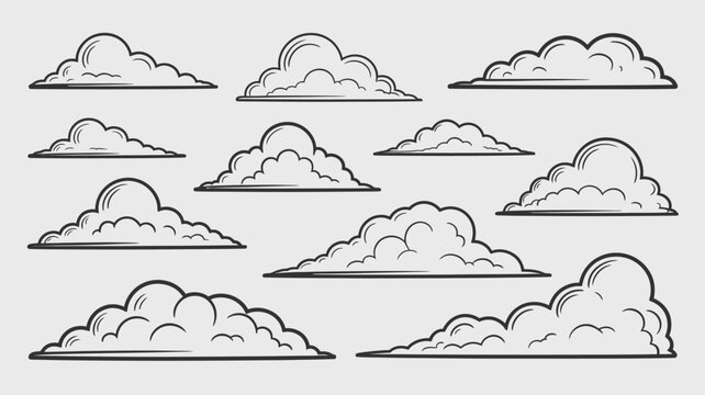 Collection of white cartoon clouds hand drawn style line art illustration on a gray background