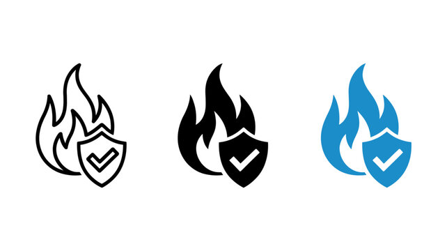 Fire protection shield icon set black blue and outline versions on white background high quality professional
