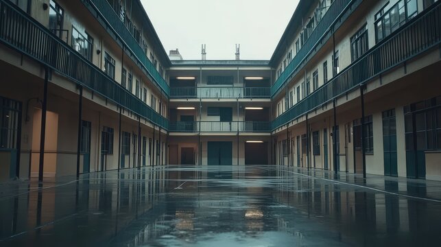Empty courtyard architecture depicting urban modernism and residential buildings reflecting on the wet pavement under a dreary sky, creating an atmospheric scene