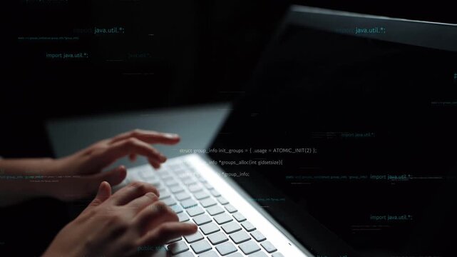 A focused individual types on a laptop in a dimly lit setting, surrounded by floating code, representing the fusion of technology and creativity in today digital age. Xenic