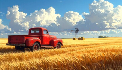 Fototapeta premium Rustic red truck in golden wheat field under a vast, cloudy sky