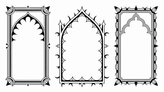 Ornate gothic arch frames black line art on a white background set of three decorative borders