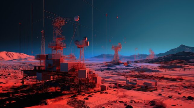 Advanced terraforming systems and architectural blueprints forming a new civilization on a desert world, shaping the environment for future human exploration and settlement