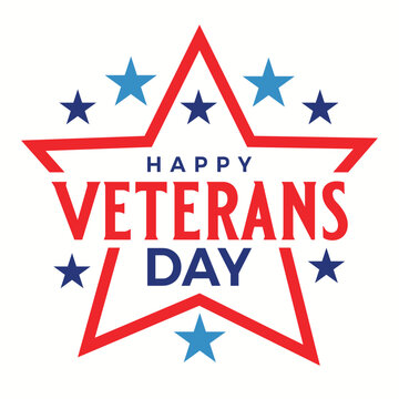 Happy Veterans Day Banner Design with Stars and Stripes on Blue Background. Patriotic US Military Holiday Celebration on November 11. Typography Vector sticker, label, tag, badge for Honoring Veterans