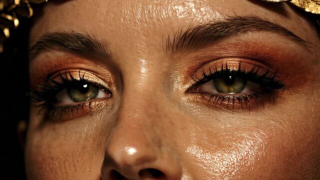 Extreme close up of a young woman's face with stunning green eyes, golden eyeshadow, and long eyelashes, blinking slowly while wearing a gold leaf crown under a warm, dramatic light