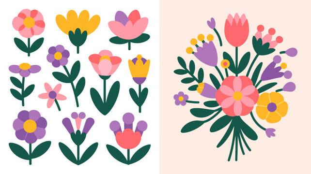 Colorful floral arrangement and individual flower illustrations flat vector style on white and peach backgrounds