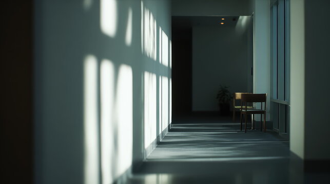 Empty minimalistic hallway interior featuring strong shadows and light patterns cast by architectural window frames, creating a serene and contemplative atmosphere