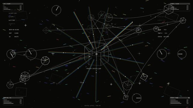 This technical HUD interface features a central crystal structure emitting vibrant rainbow colored light rays. The screen is filled with intricate wireframe geometric shapes and real time data readout