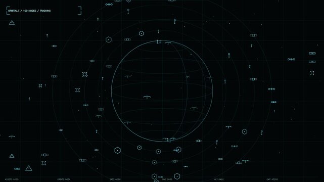 A complex futuristic HUD interface displays a central wireframe globe surrounded by orbital paths and satellite tracking nodes. The screen features detailed telemetry data, asset counts, and altitude