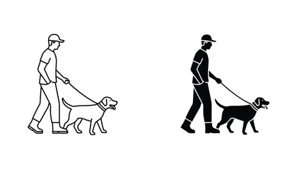 Man walking dog on leash icon set in clean line art and solid black silhouette style for pet care