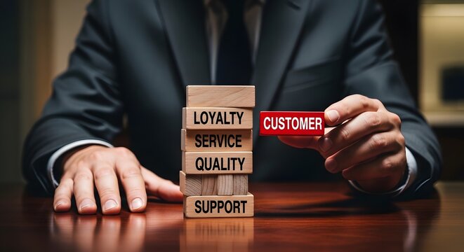 Professional manager holds a red customer block near a service stack, symbolizing strong client loyalty and quality support.