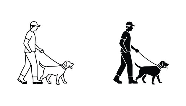 Man walking dog on leash icon set in clean line art and solid black silhouette style for pet care