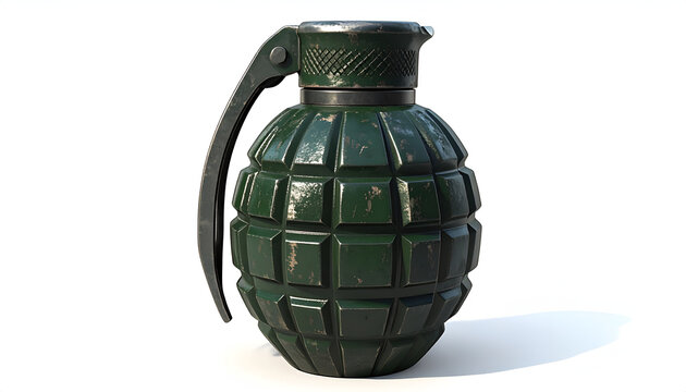 A detailed studio shot of a green fragmentation hand grenade on a white background.