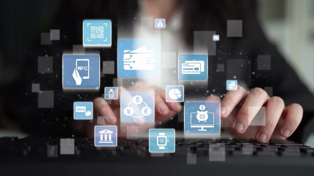 Digital wallet icons show mobile payment, digital wallet transfer, and online banking. Digital wallet supports secure payment, cashless transactions, and financial integration. Funnel