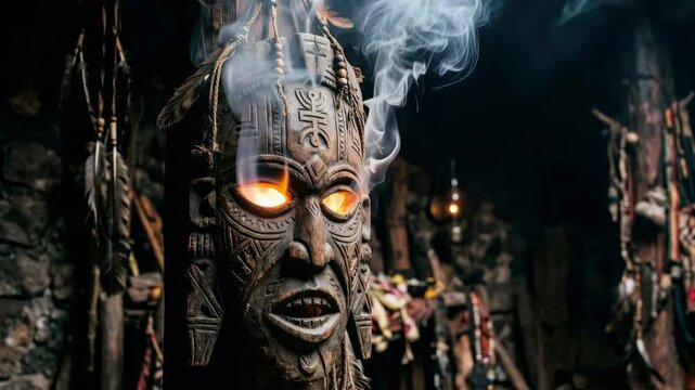 Mystical wooden ritual mask with glowing eyes emitting smoke and fire in a dark shamanic sanctuary, creating a supernatural and spiritual atmosphere of ancient indigenous traditions