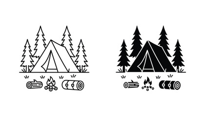 Camping tent in forest scene icon set in outline and solid black styles for outdoor adventure branding © Urban