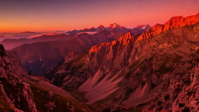 Time lapse panoramic view of mountain ridges and cloud inversion shifting over alpine summit at sunrise