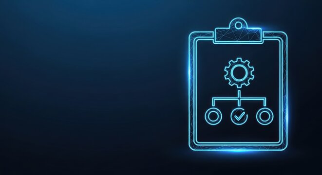 Digital clipboard displaying a glowing blue workflow process with gear and checkmarks on a dark background.