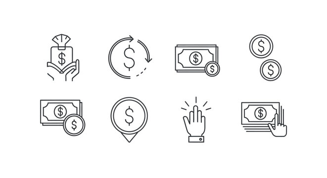Financial symbols and currency icons in a linear style on white background