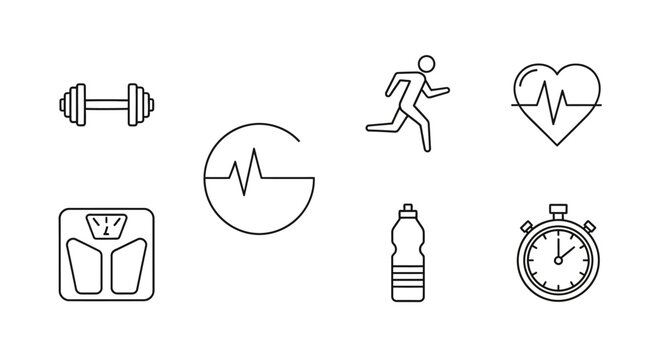 Fitness and health icon set dumbbell runner heart scale stopwatch bottle