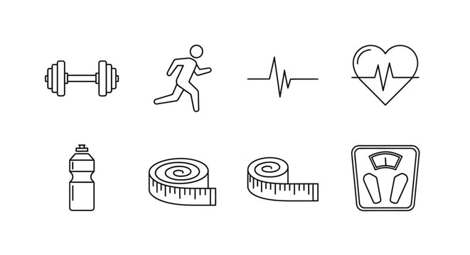 Fitness and health icon set dumbbell running man heartbeat and more