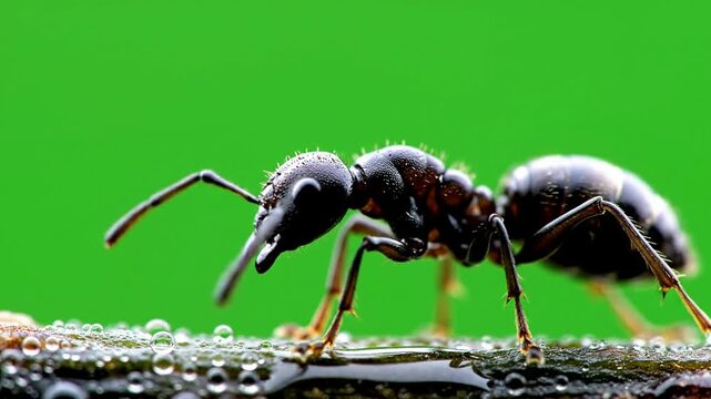 Close-Up Shot of an Ant Walking on Dewy Surface with Vibrant Green Background, Macro Photography of an Insect in Nature